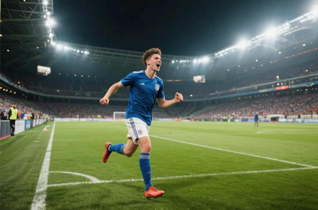 A young soccer forward celebrating a goal in a massive stadium