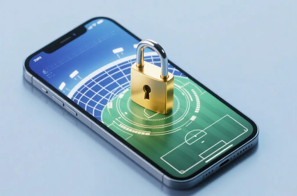 An abstract concept of financial security on a mobile screen featuring a golden lock and abstract soccer stadium lines